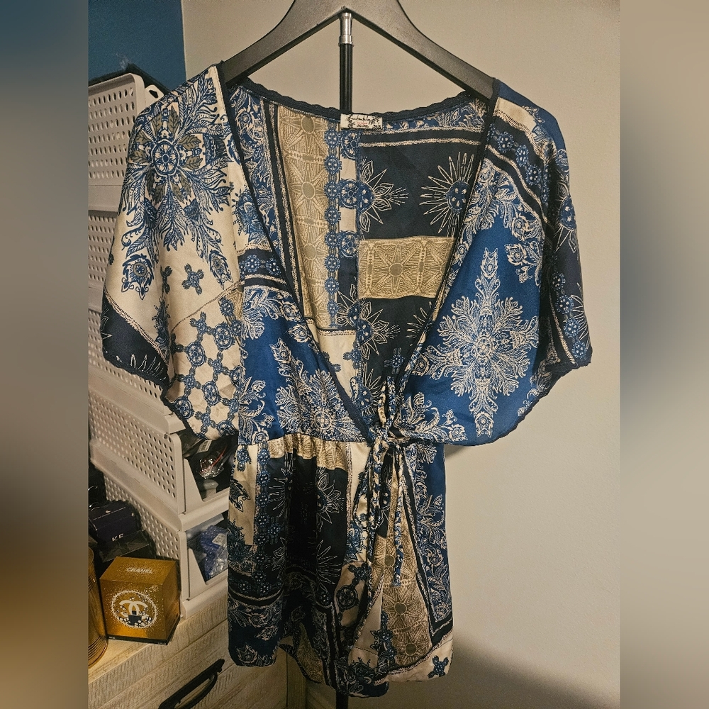 Free People Oasis Satin Faux Wrap Pajama Romper Blue Print Size Small NWOT